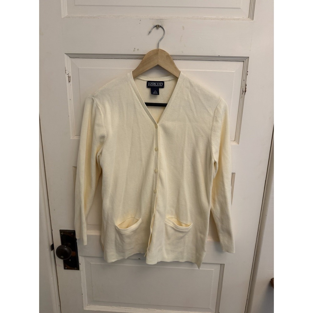 Lands End Vintage Cream Shaker Rib Knit Cotton Cardigan Sweater Sz‎ Small Petite